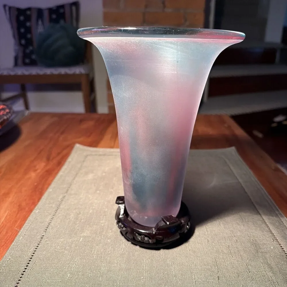 Vintage Irradescent Stretch Art Glass Vase- Hand Blown - Carved Wood Bottom 8.5”
